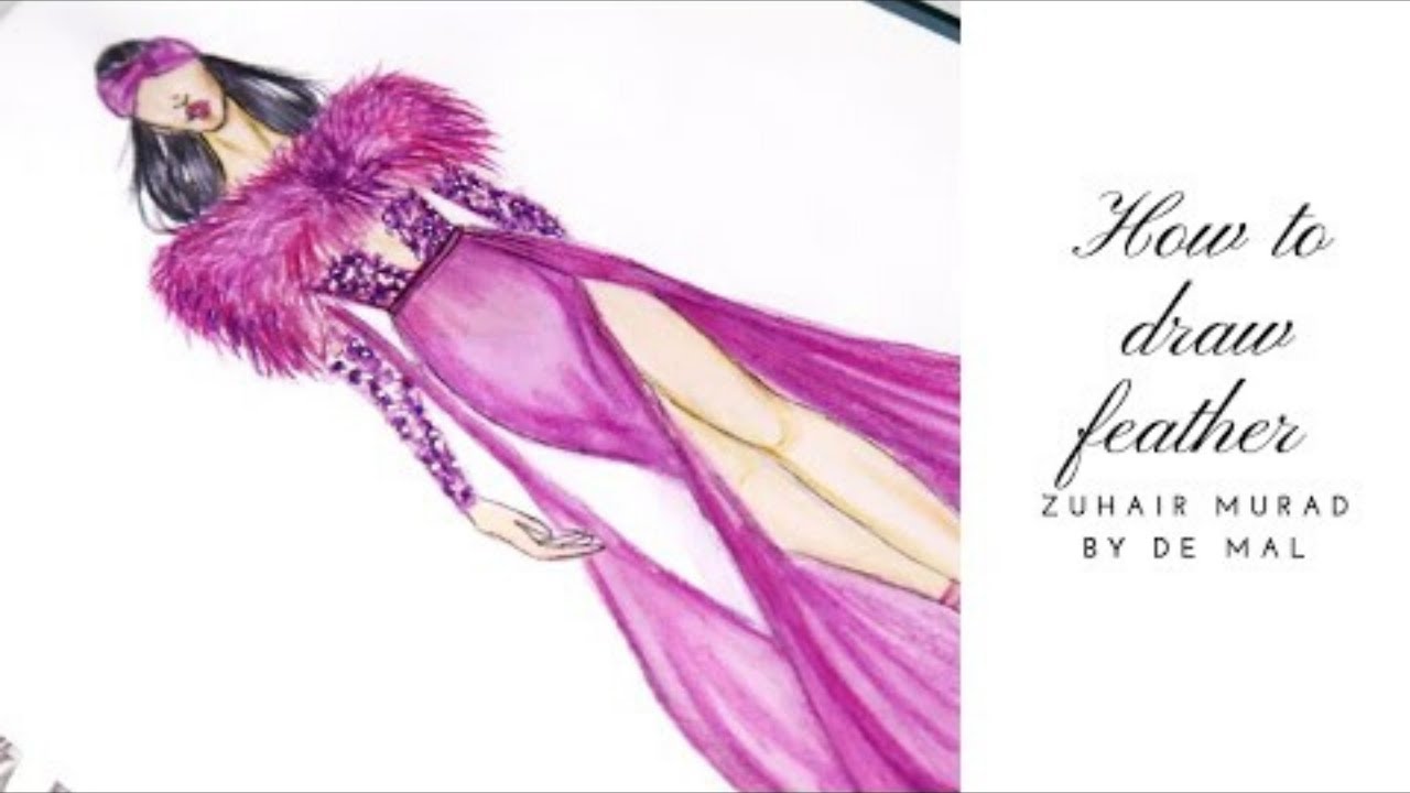 how to draw fur/feather | FASHION ILLUSTRATION   كيفية رسم الفراء / ريشة | تصوير أزياء | De Mal