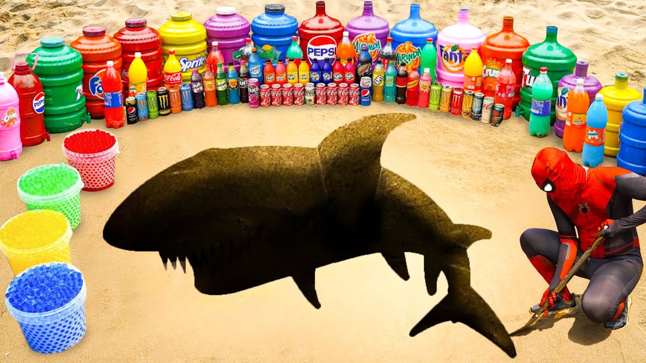 Spiderman & Big Toothpaste Eruption from Baby Shark hole, Coca Cola, Mirinda, Orbeez, Fanta & Mentos
