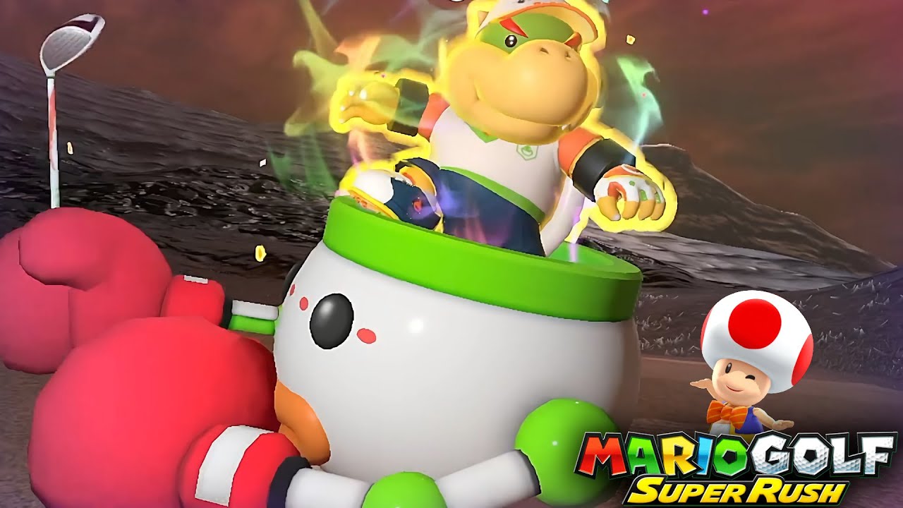 Mario Golf Super Rush Bowser Jr vs Yoshi vs Koopa vs Charging Chuck in Bowser Highlands