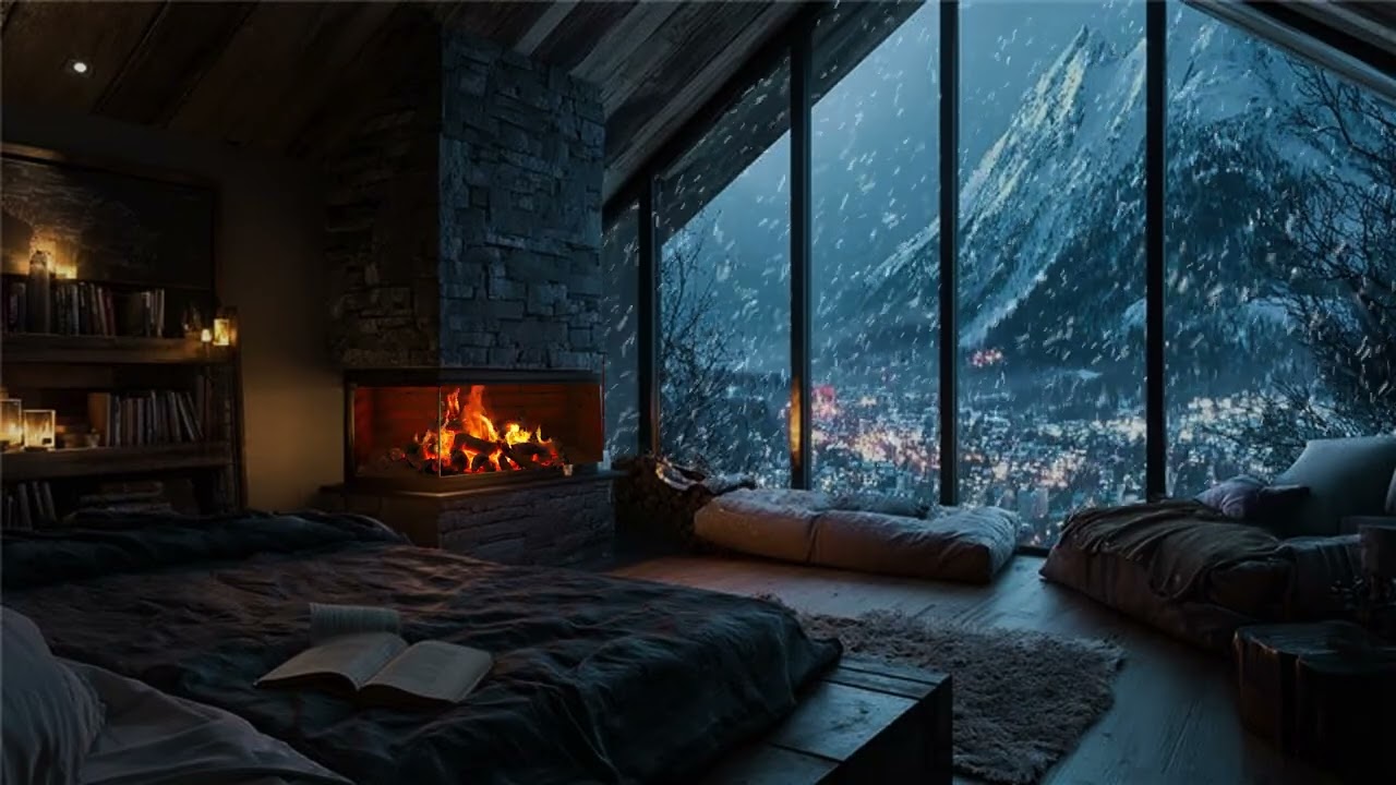 ❄️ Cozy Winter Night in a Snowy Cabin with Crackling Fireplace and Gentle Snowfall Ambience