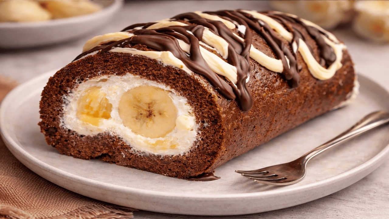 Keksrolle mit Banane & Sahnecreme mit Kondensmilch | Einfaches Dessert