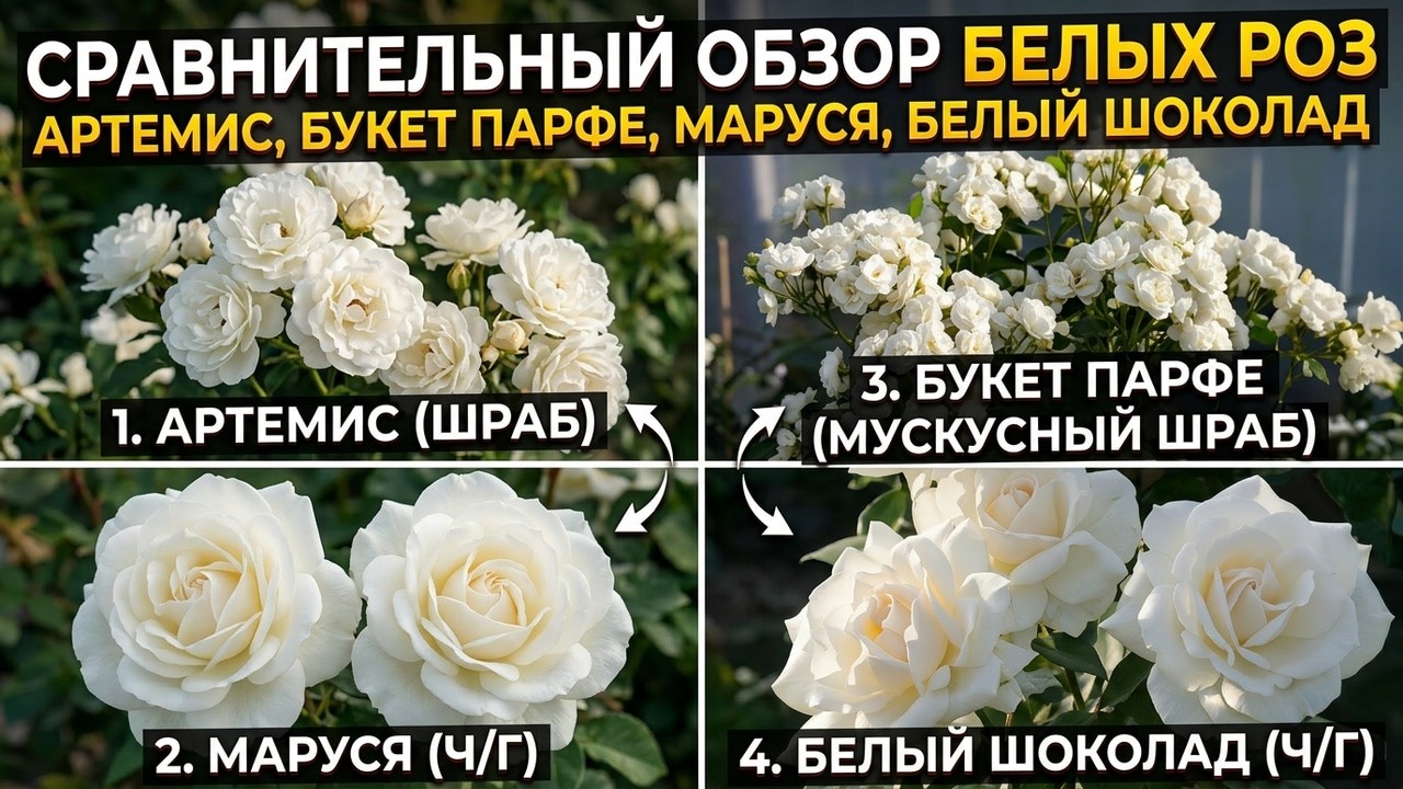 Сравнительный обзор белых сортов роз. Артемис, Буке Парфэ, Белый Шоколад, Маруся.