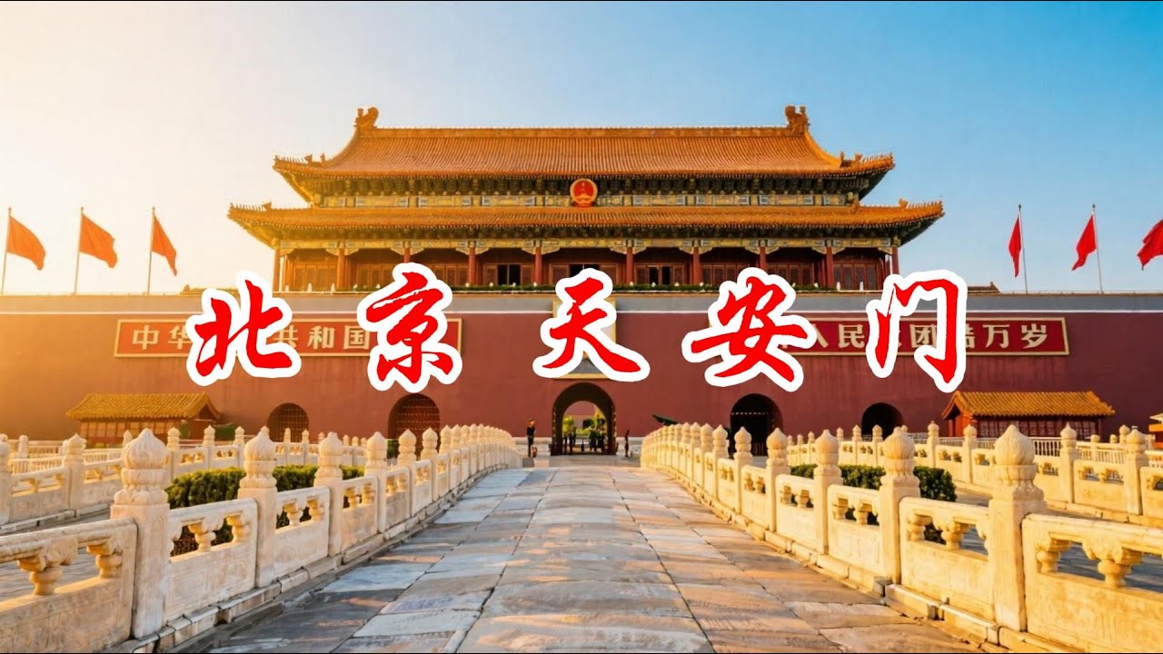 景点歌曲：北京天安门 - 晨曦染红古老城墙，国旗升起金色阳光，华表守护千年时光，未来已写在城楼上
