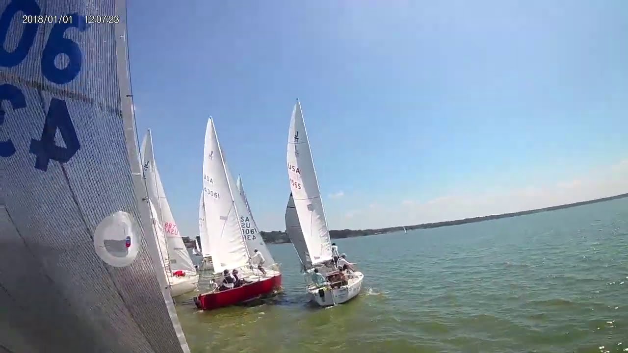 J24 sailing, Foredeck POV, Starts, Spinnaker hoist, Gybe.  Racing at Dallas Corinthian Yacht Club