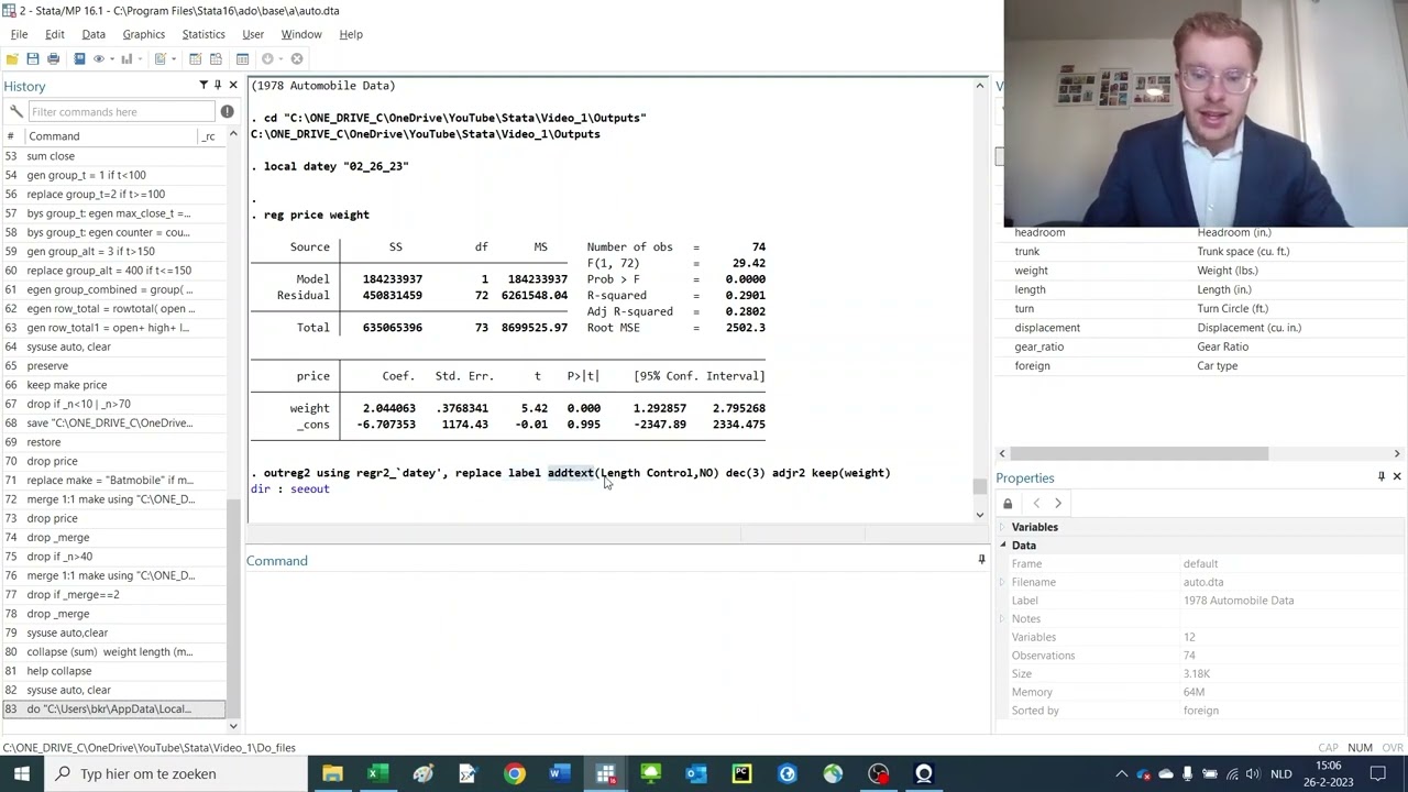 Лекция Stata 19: Экспорт регрессионного анализа с помощью Outreg2