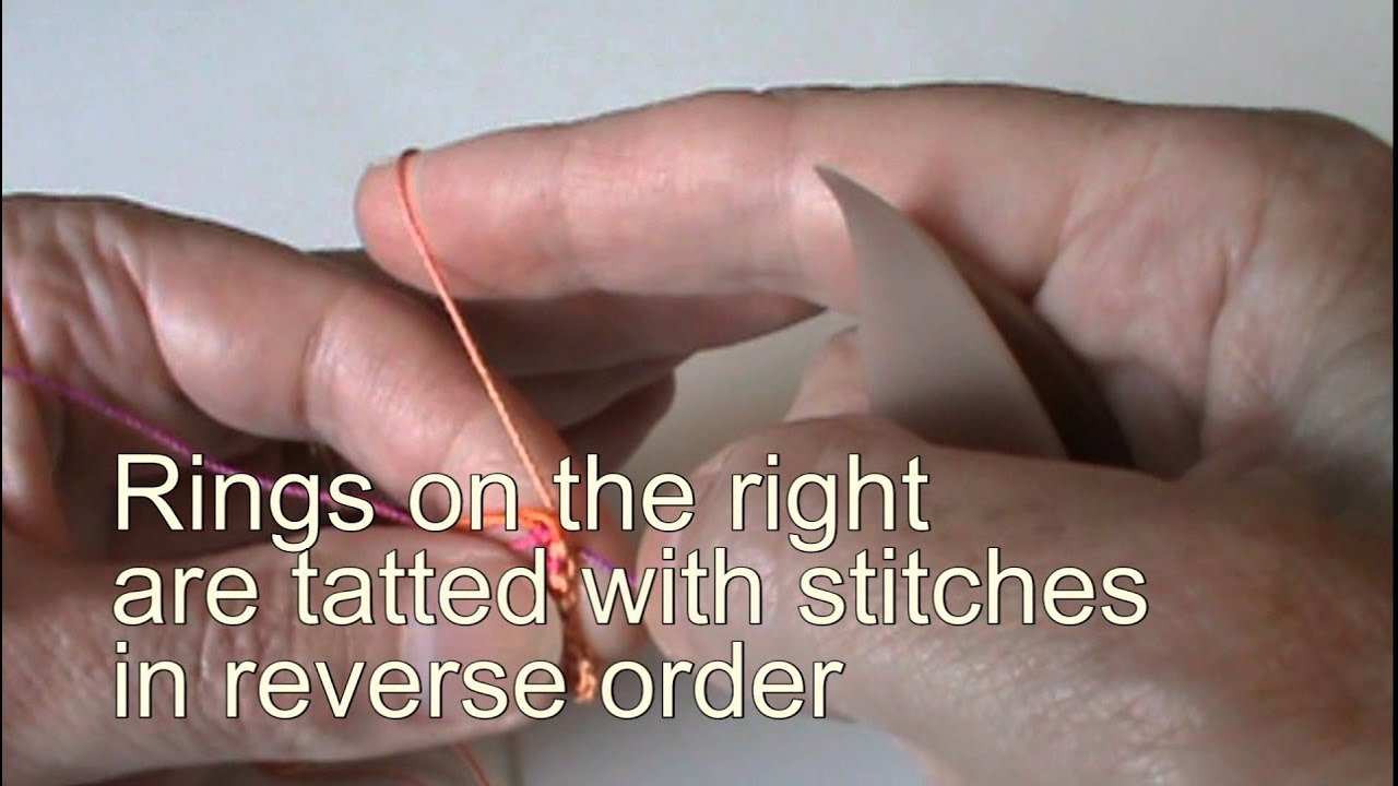 Pearl tatting, adding thread with Lark's Head knot, rings thrown off each side