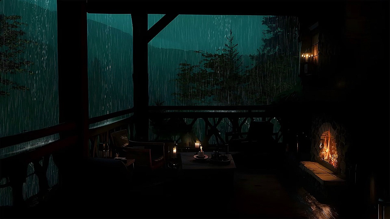 Tranquil Rainfall in a Secluded Forest Cabin with a Warm, Cozy Fireplace for Study