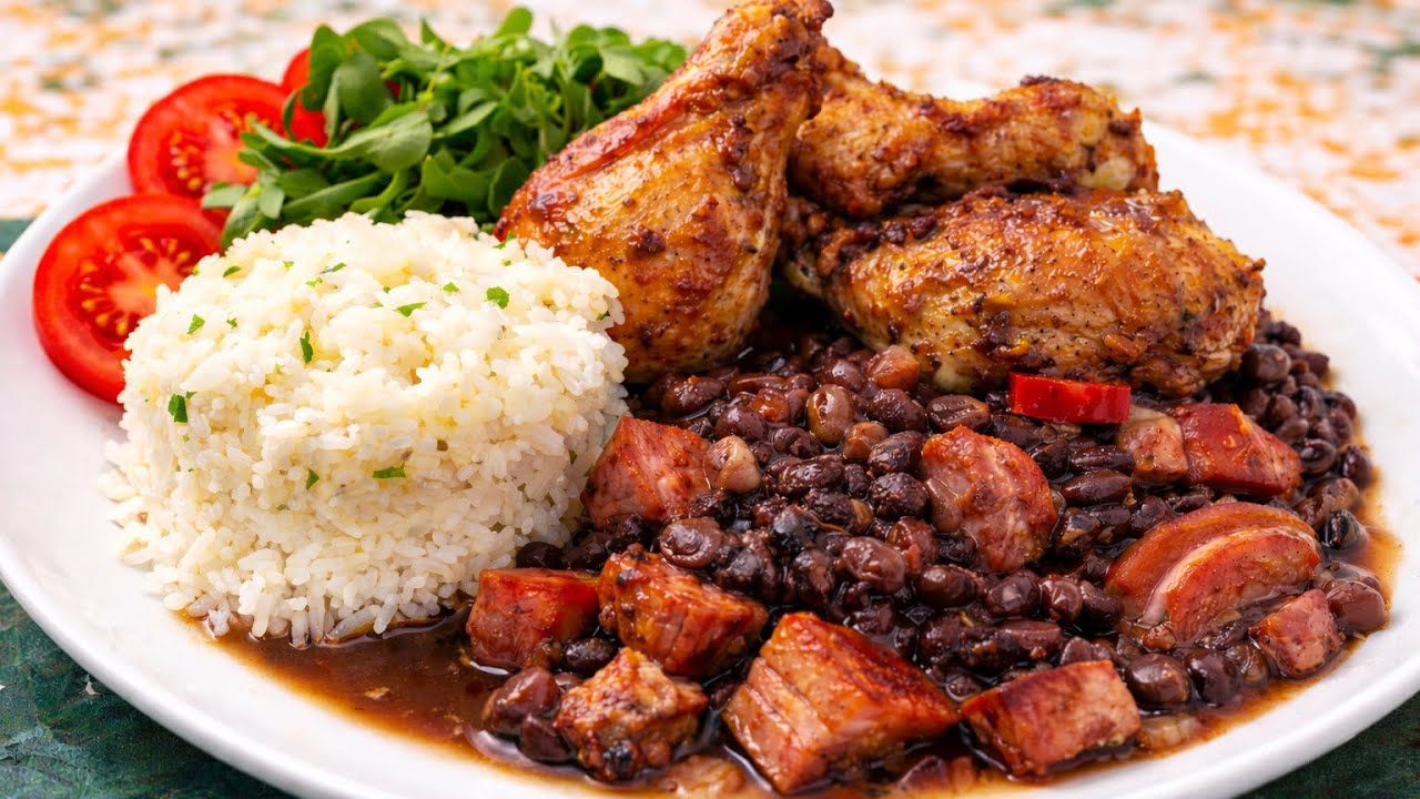 PRATO COMPLETO CASEIRO 🤤 Carne assada com feijão preto e arroz de salsa