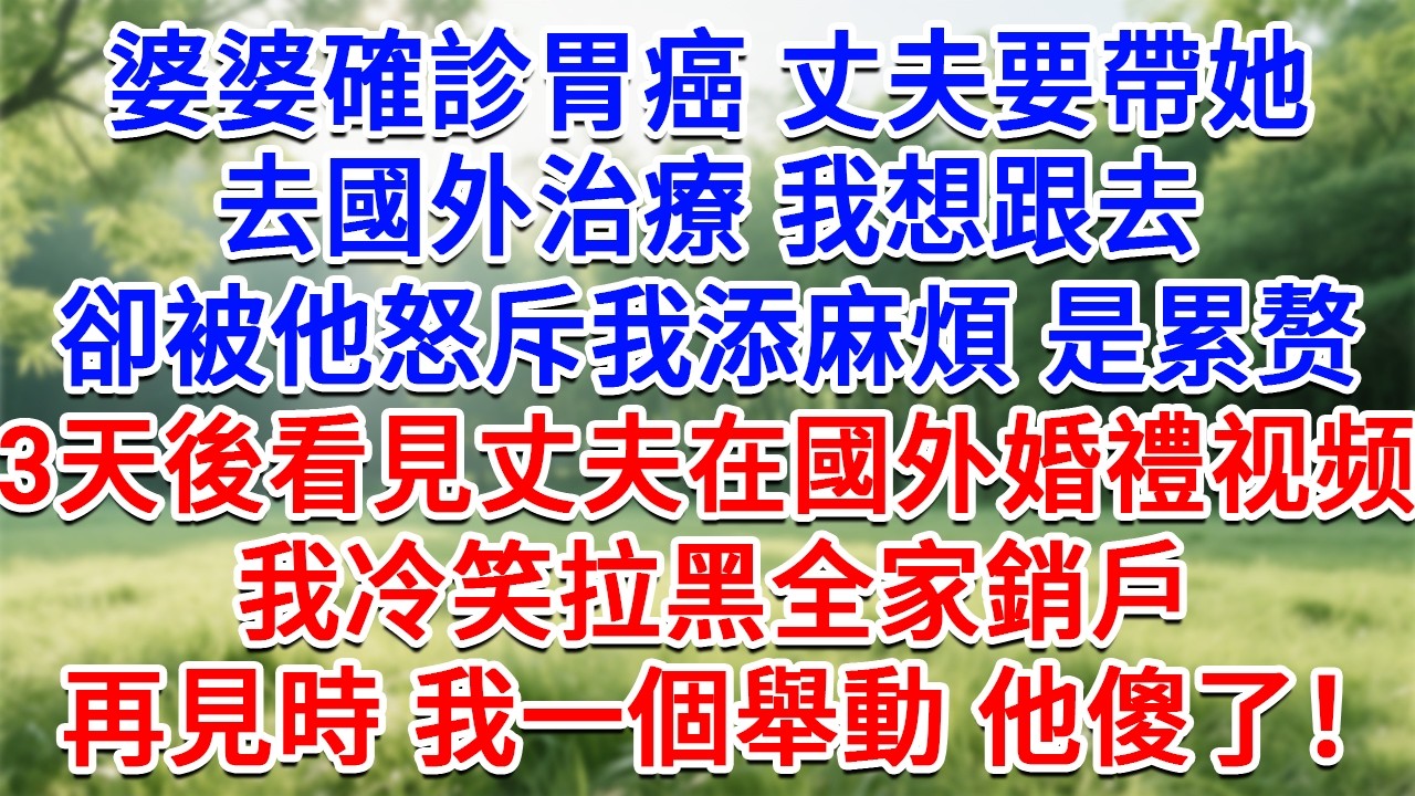婆婆確診胃癌，丈夫要帶她去國外治療我想跟去，卻被他怒斥我添麻煩，3天後看見丈夫在國外婚禮影片，我冷笑拉黑全家銷戶，再見時我一個舉動 他傻了！#為人處世#生活經驗#情感故事#故事#小說#戀愛#情感#婚姻