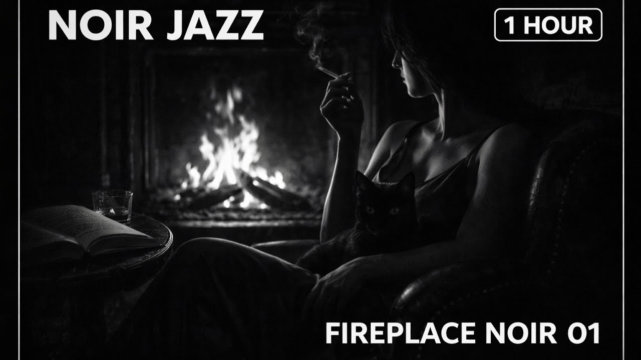 Noir Jazz by the Fireplace, Woman Smoking, Black Cat, 1 Hour Dark Ambience for Study Sleep Reading