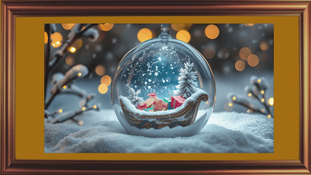 Framed TV Art. Christmas Mood. Golden Winter Sun, Snow.  Bauble.   #christmas#outubevideo#snow