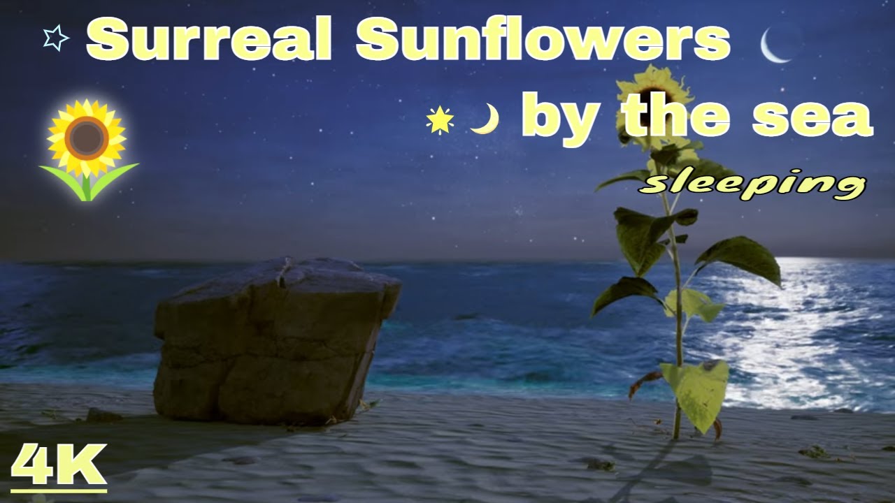 OCEAN WAVES (4K UHD)🌊Relaxing Surreal wave & Fluttering sunflowers in the moonlight (RELAXING MUSIC)