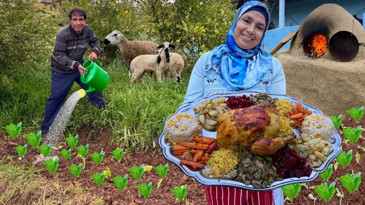 Курица, фаршированная рисом в традиционной печи и посадка салата в саду