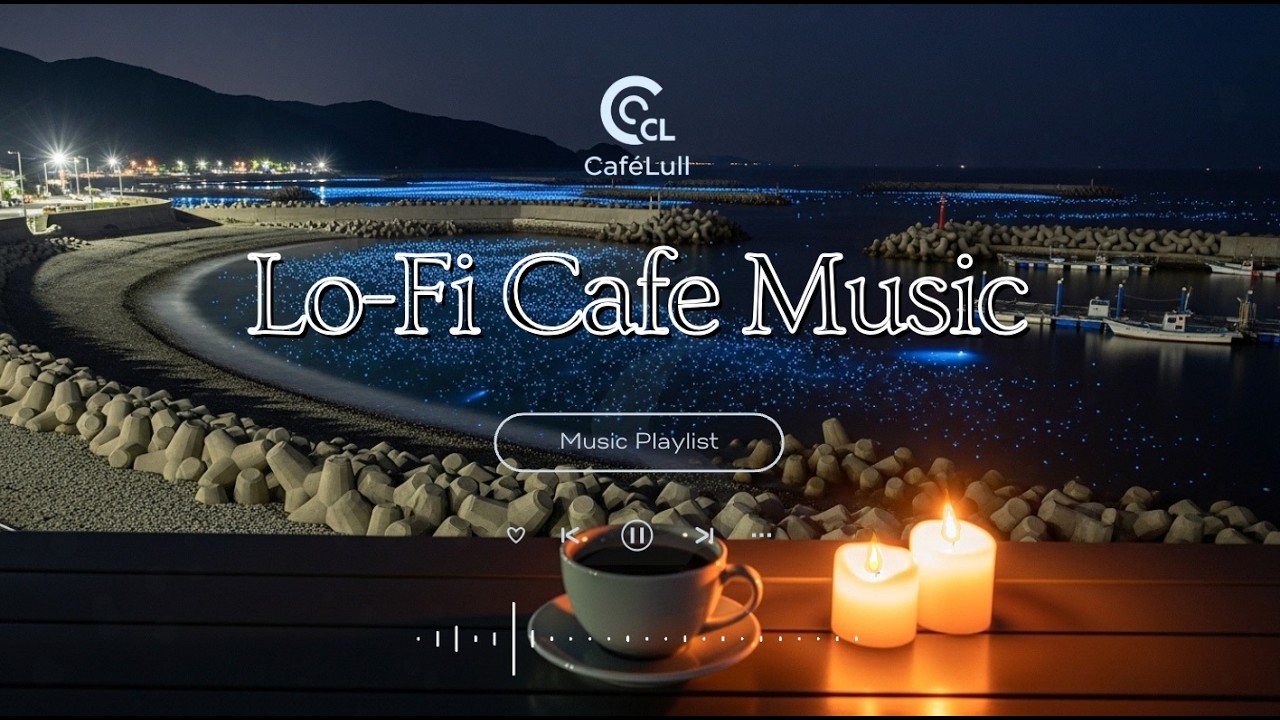 Late Night Harbor Cafe Ambience | Candlelit Coffee Table and Blue Bioluminescent Sea