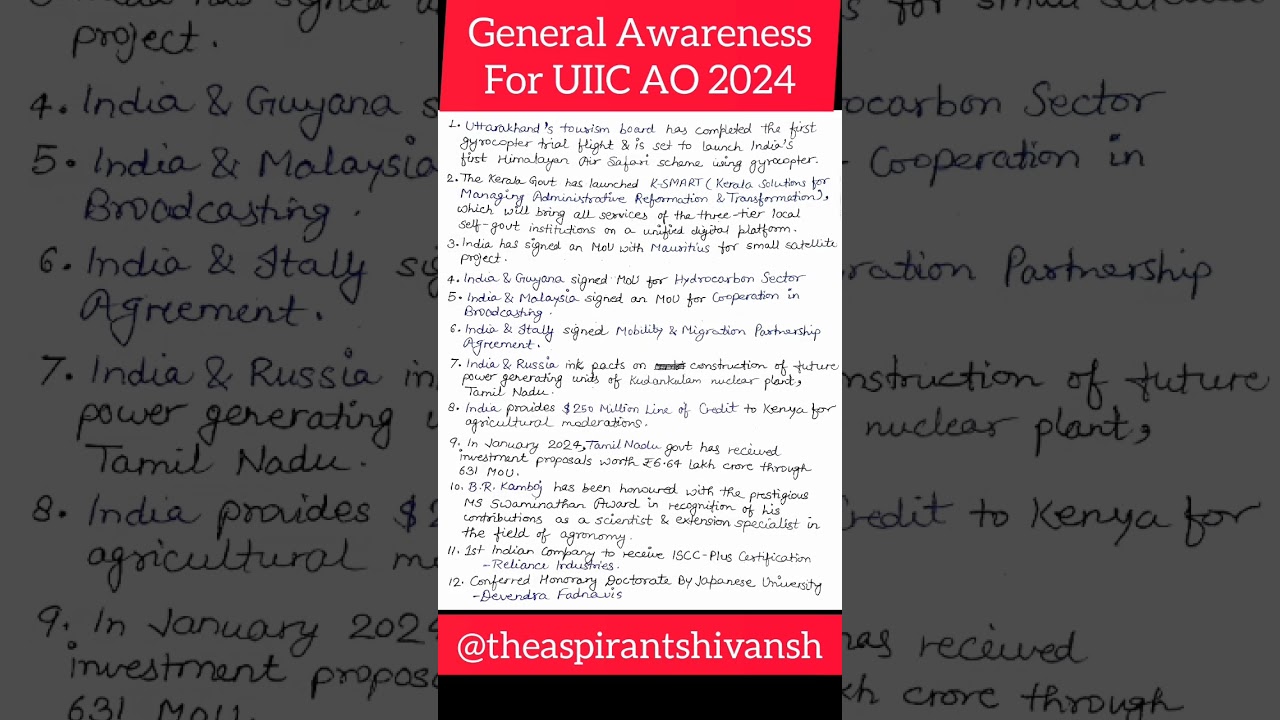 General Awareness for UIIC AO 2024 @theaspirantshivansh #generalknowledge #uiic #gk #gkgs #gs