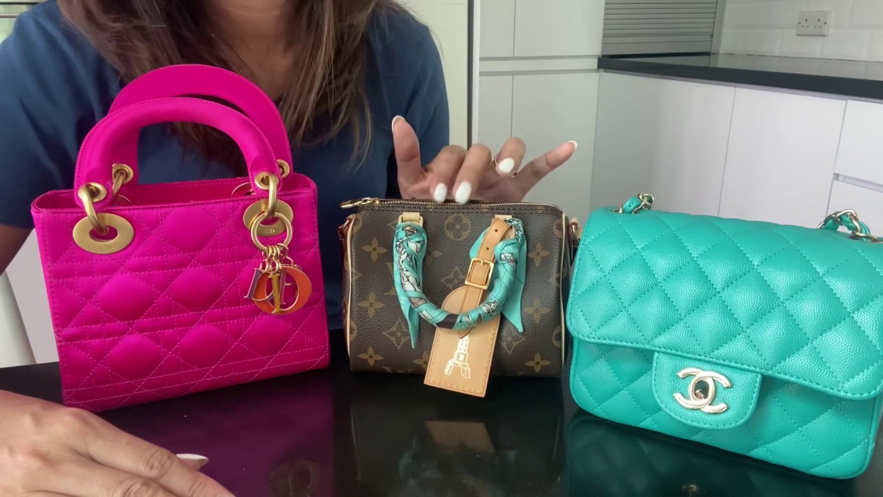 Chanel square mini vs. Louis Vuitton speedy nano vs Mini Lady Dior bag.
