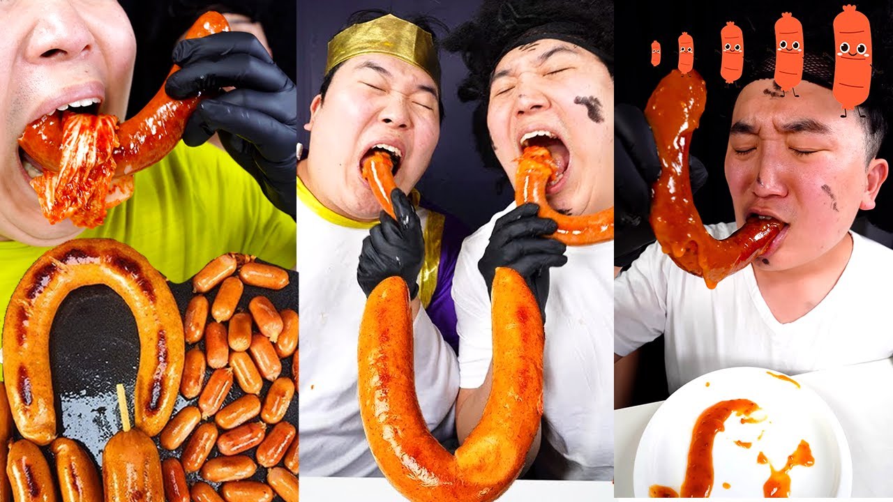 челлендж по приготовлению колбасы, смешное съедание! коллекция HUBA후바