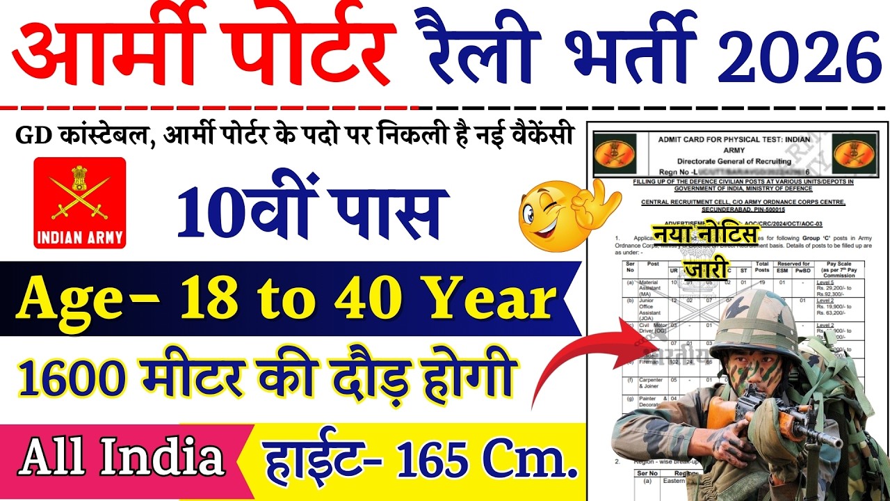 ARMY Open Rally Bharti 2026 Notification | Porter New Vacancy 2026 | March Rally Bharti Date | 10th