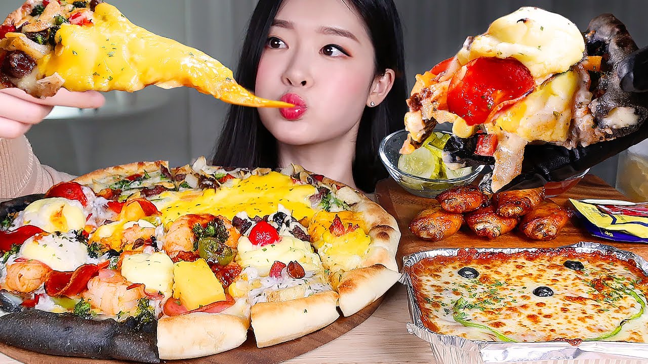 ASMR * Вечеринка с пиццей 🍕 Пицца 3 вкуса ⭐️ Куриные крылышки и спагетти в духовке! MUKBANG