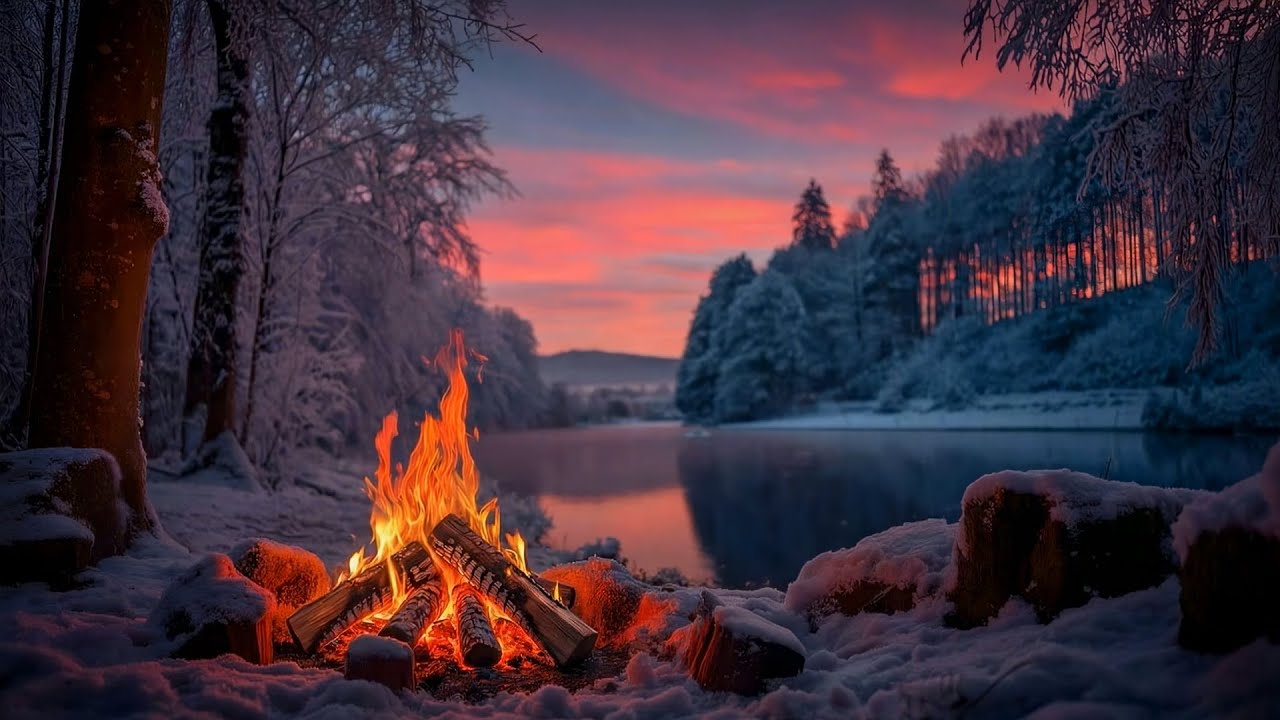 Lakeside Winter Campfire🔥❄️ Quiet Fireplace & Nature Sounds. Deep Relaxation & Sleep