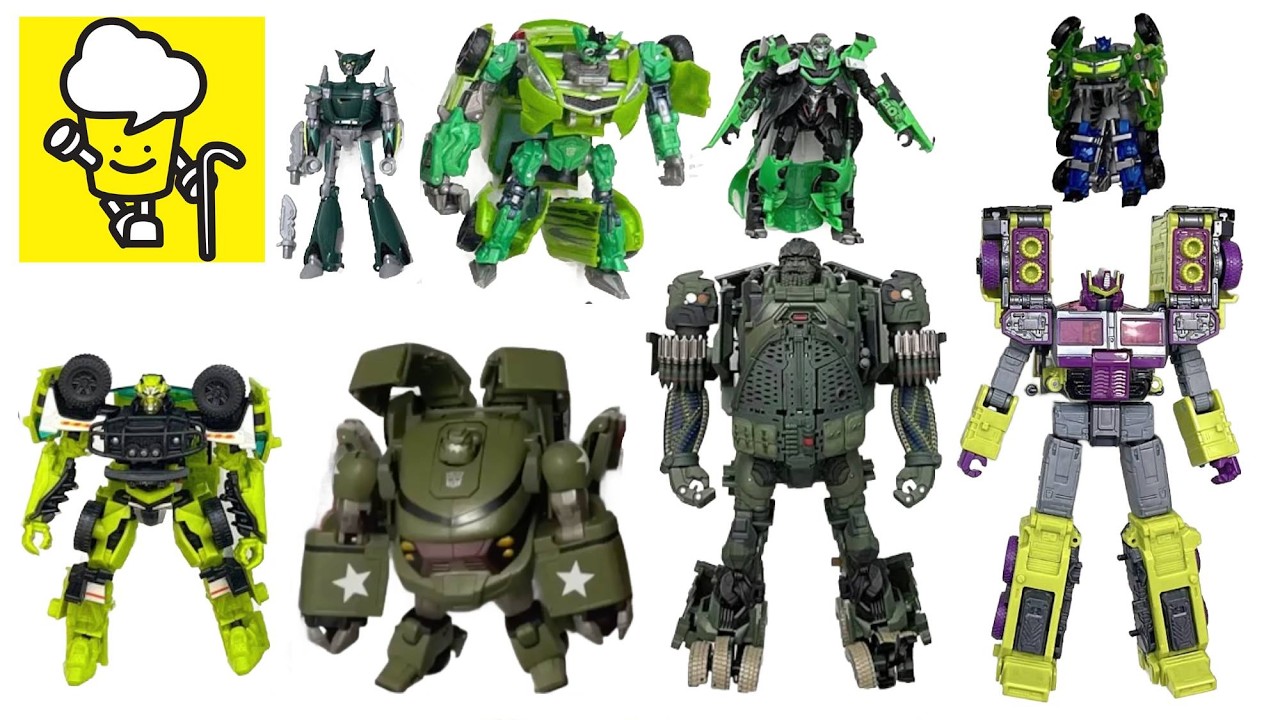 Коллекция зелёных машинок Трансформеров: Охотники на зверей, Оптимус Прайм, Земляная искра, Аними...