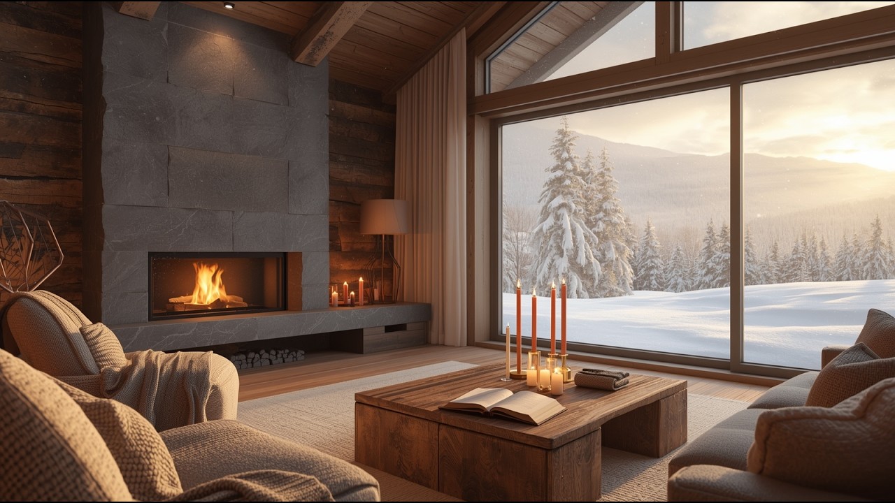 Snowy On Window & Fireplace Crackles in Cozy Living Room Ambience ❄️Gentle Piano for Calm and Relax
