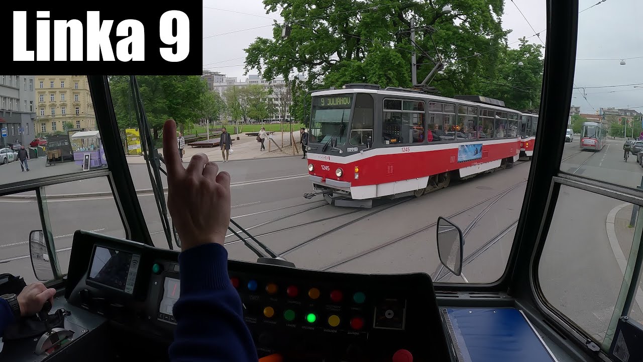 Linka 9 Brno -- Juliánov - Lesná, Čertova rokle [ČKD DS 2xT6A5] [Tram Cab View]