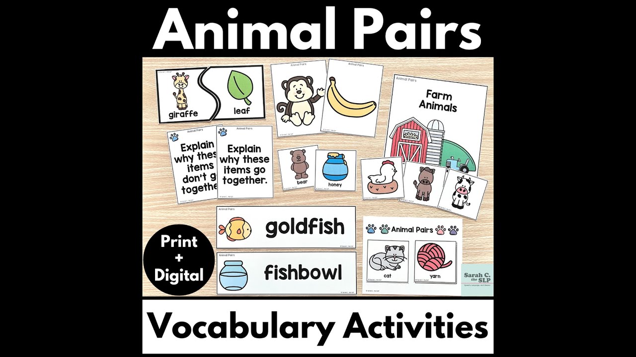 Animal Pairs Vocabulary Activities for Language, Word Associations, Matching for SLPs & Teachers