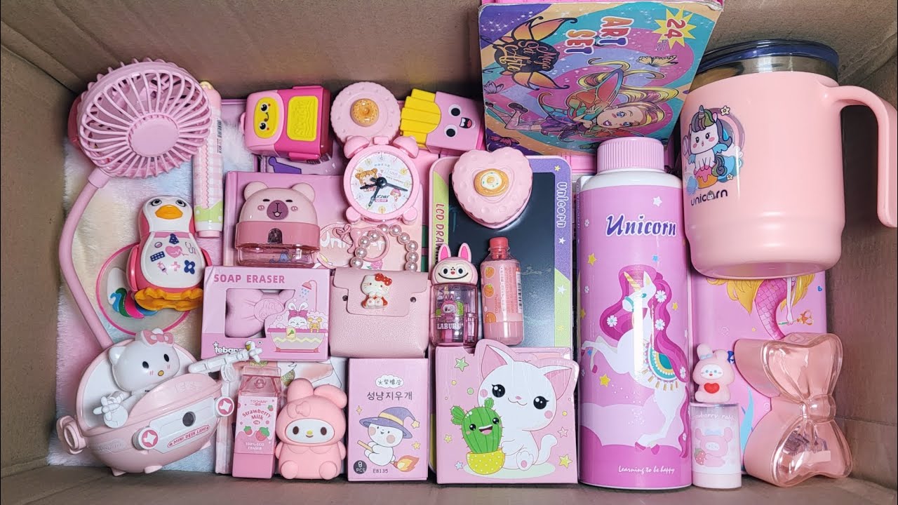 Unboxing Cute Pink Stationery For School Girls - Unicorn Tumbler, Pencilbox, Sharpener, Coin Pouch