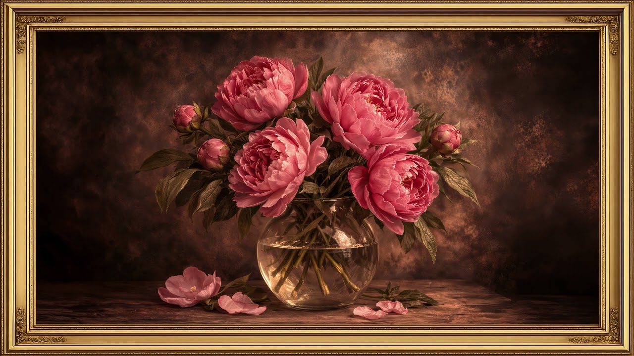 Vintage Coral Rose Peony Painting | Frame TV Art 4K Screensaver (3 Hours)