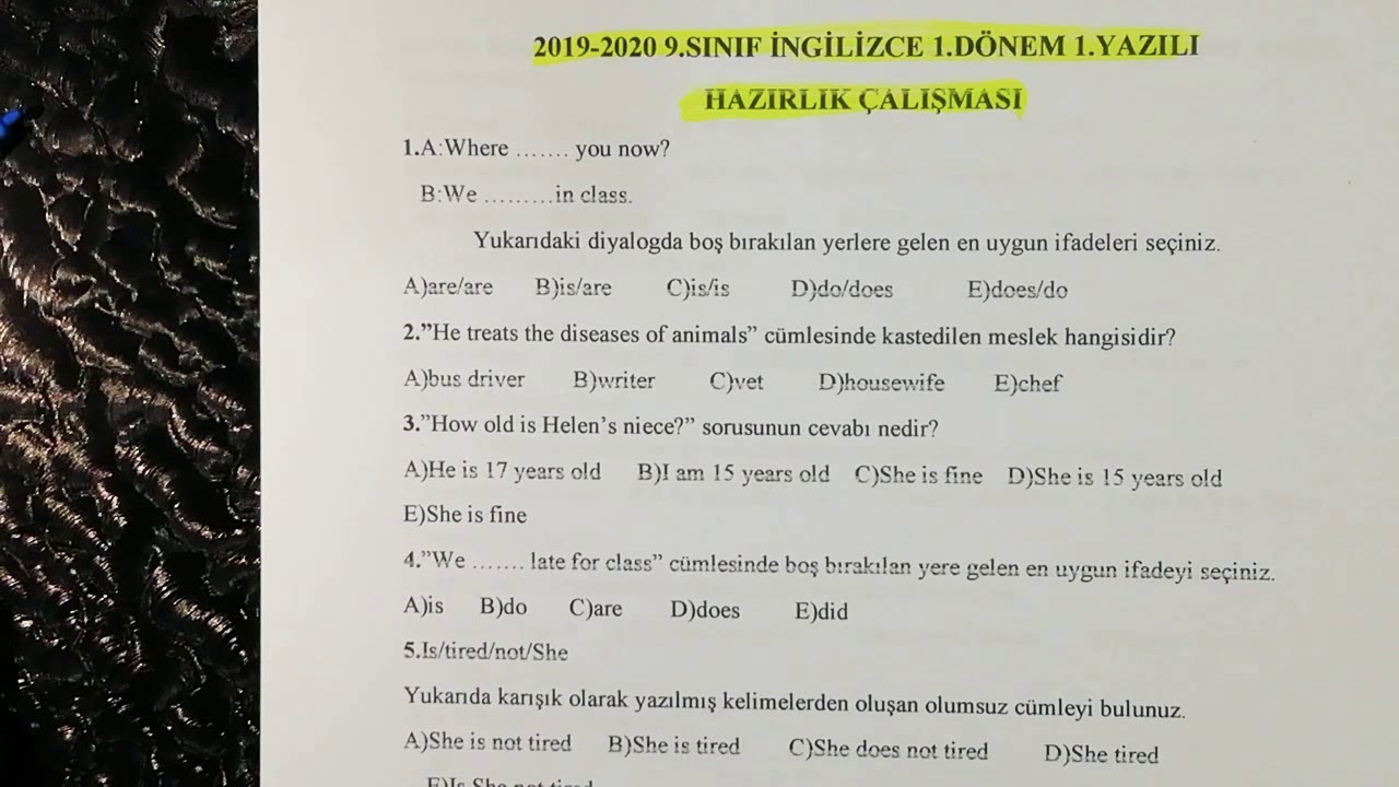 9.Sınıf İngilizce 1.Dönem 1.Yazılıya Hazırlık Çalışması