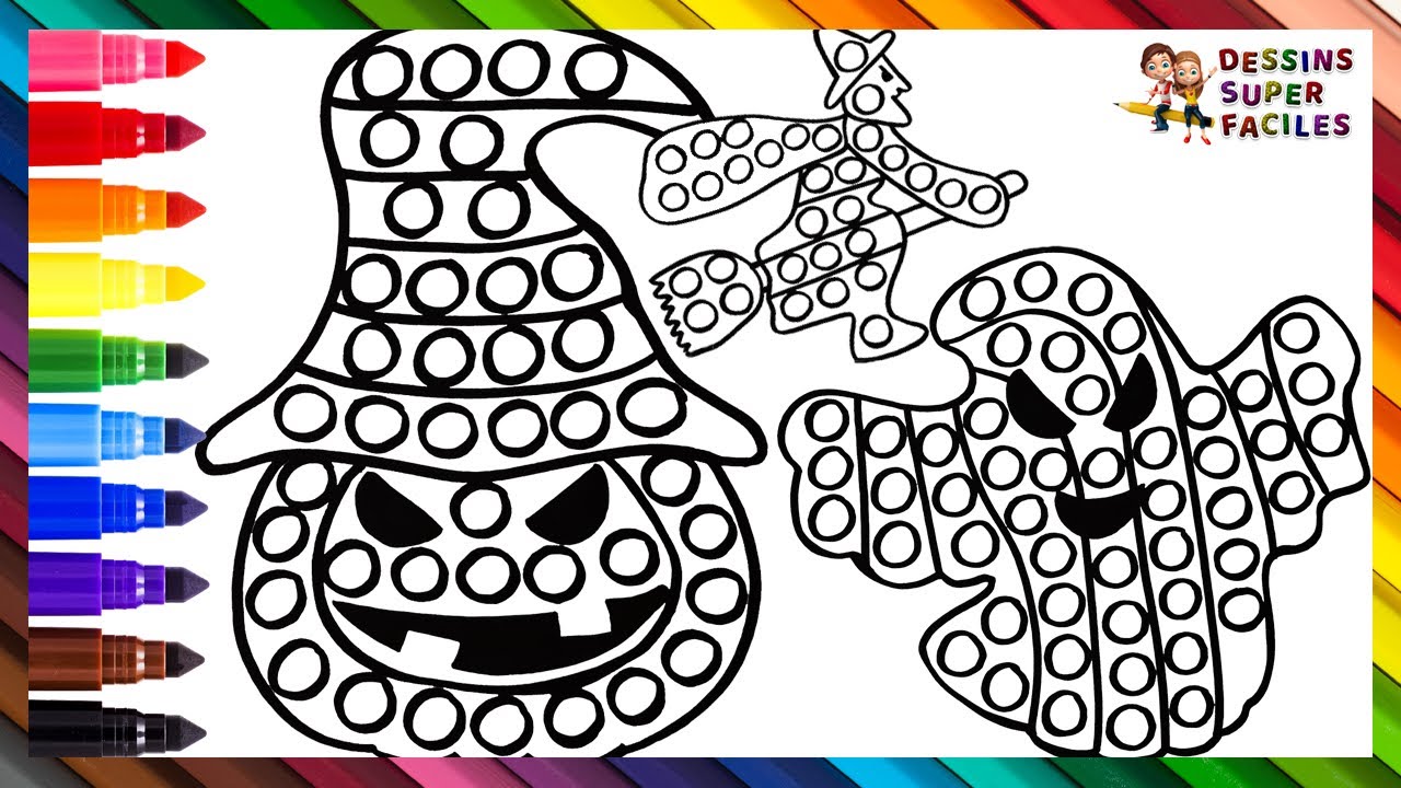 Dessiner Et Colorier Une Citrouille, Une Sorcière Et Un Fantôme Pop It 🧙‍♀️🎃👻🌈 Dessins Pour Enfants