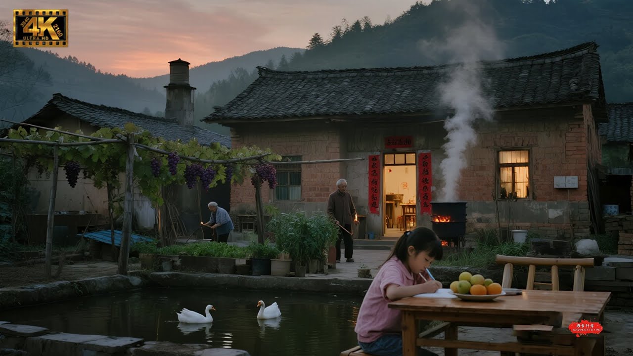 中国村庄周沟村步行，青山环抱，炊烟袅袅，慢生活治愈之乡（4K UHD）