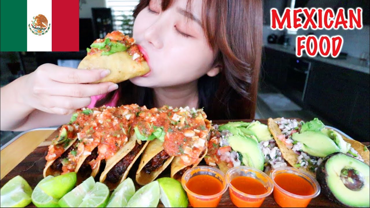 MEXICAN FOOD MUKBANG 먹방 FRIED Shrimp Tacos & Salsa, Shrimp Ceviche Tostada & Avocado (CRUNCHY)