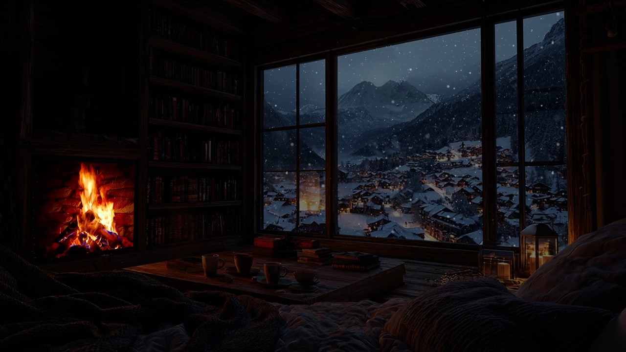 Soft Snow Drifting in Firelight Glow ❄️ A Calm and Quiet Winter Focus Atmosphere