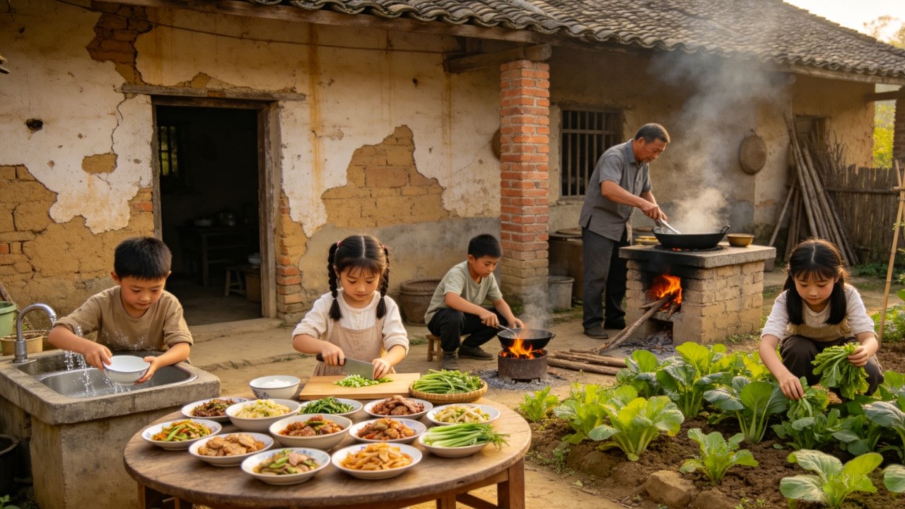 【一家六口隐居深山】四个年幼孩子挖菜做饭，累到满头大汗也不抱怨，只为减轻父亲压力#农村 #农村生活 #山区