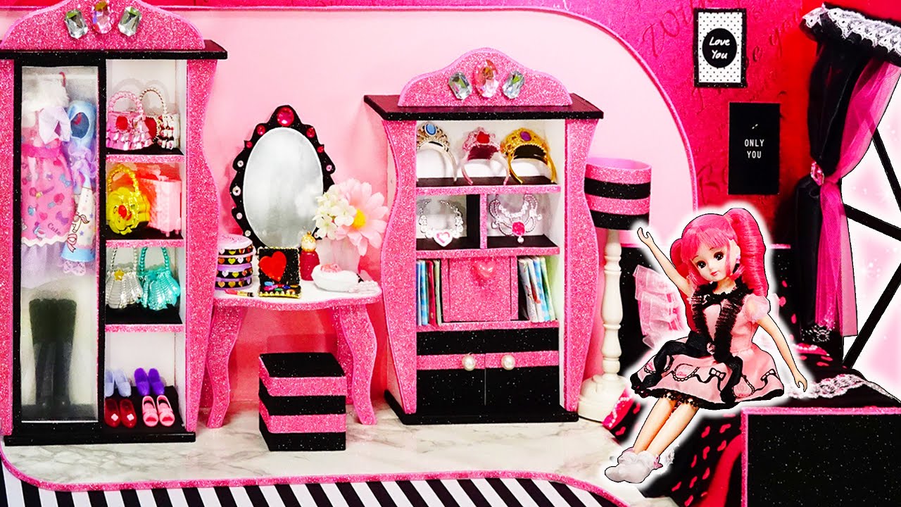 リカちゃん ミニチュアドールハウスをDIY❤️リカちゃんハウスを手作り工作⭐️ベッドルームとドレスルーム🍭✨