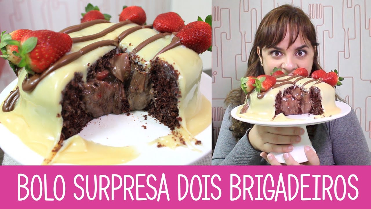 BOLO SURPRESA DOIS BRIGADEIROS COM MORANGO E NUTELLA - #348 - Receitas da Mussinha