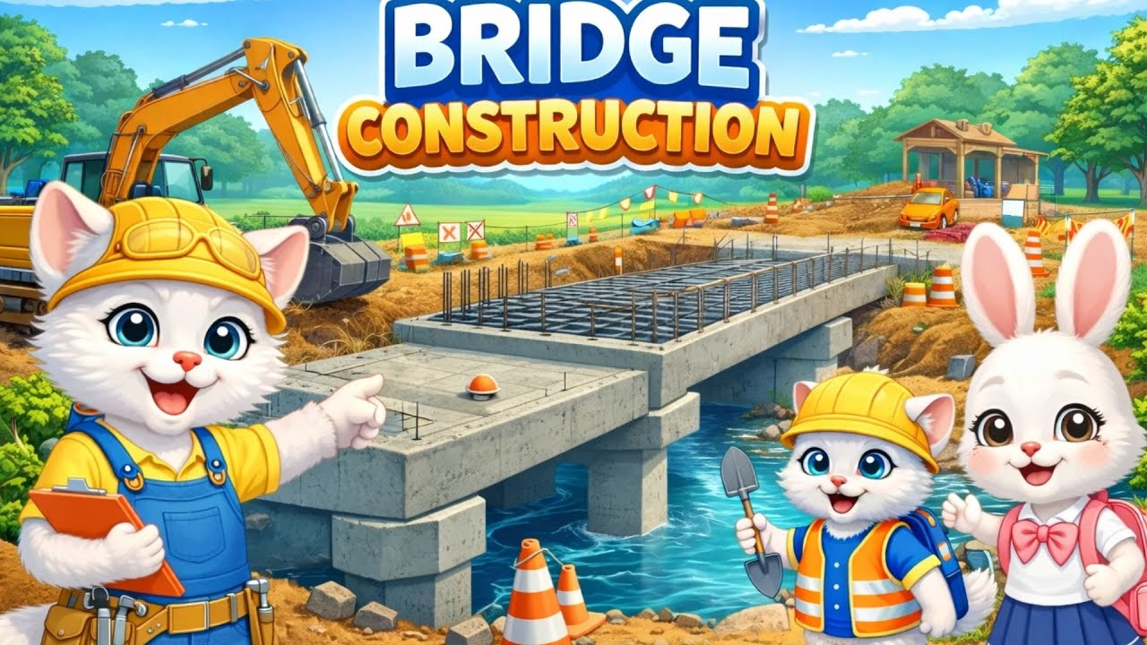 Meomeo & Kitten Build a Reinforced Concrete Bridge for Friends After the Storm 🐱🏗️ 🌉🐰