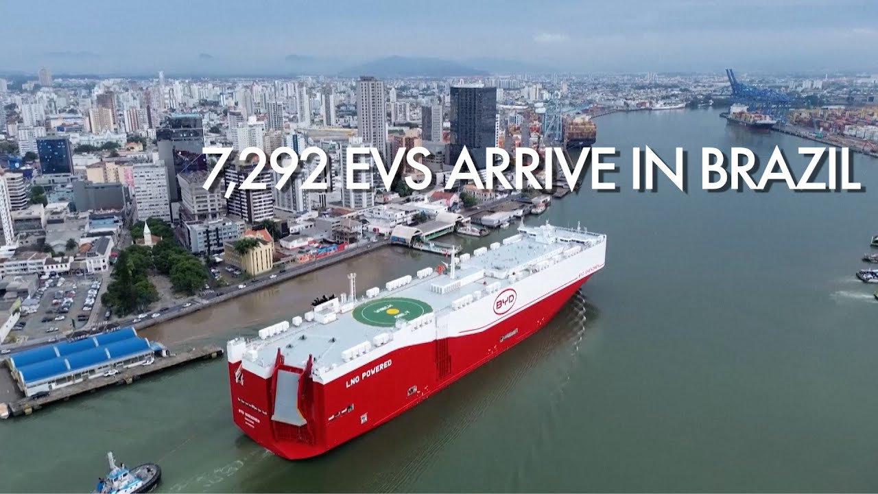 Chinese automaker BYD super ship arriving in Brazilian port