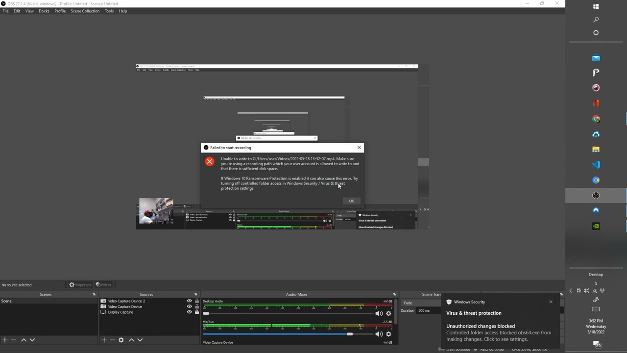 Fixing OBS recording issue: Unable to Write C:/Users/user/Videos