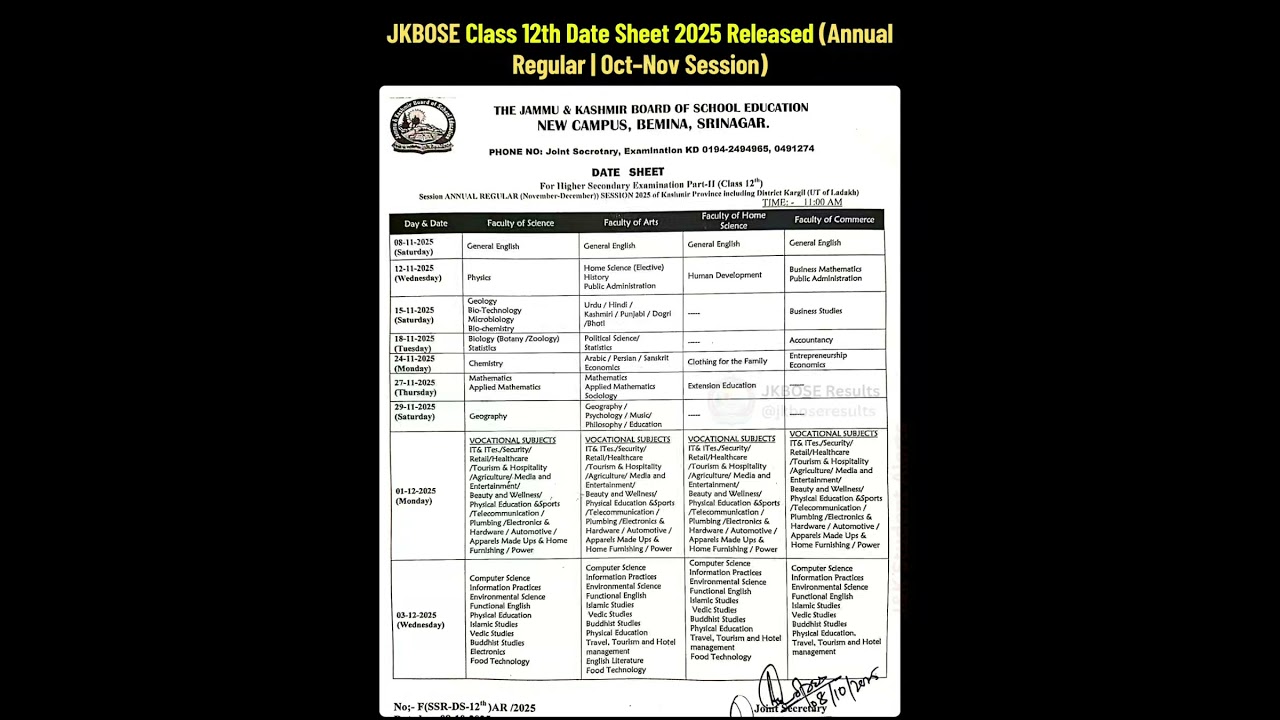 JKBOSE Class 12th Date Sheet 2025 Released (Annual Regular | Oct&ndash;Nov Session)