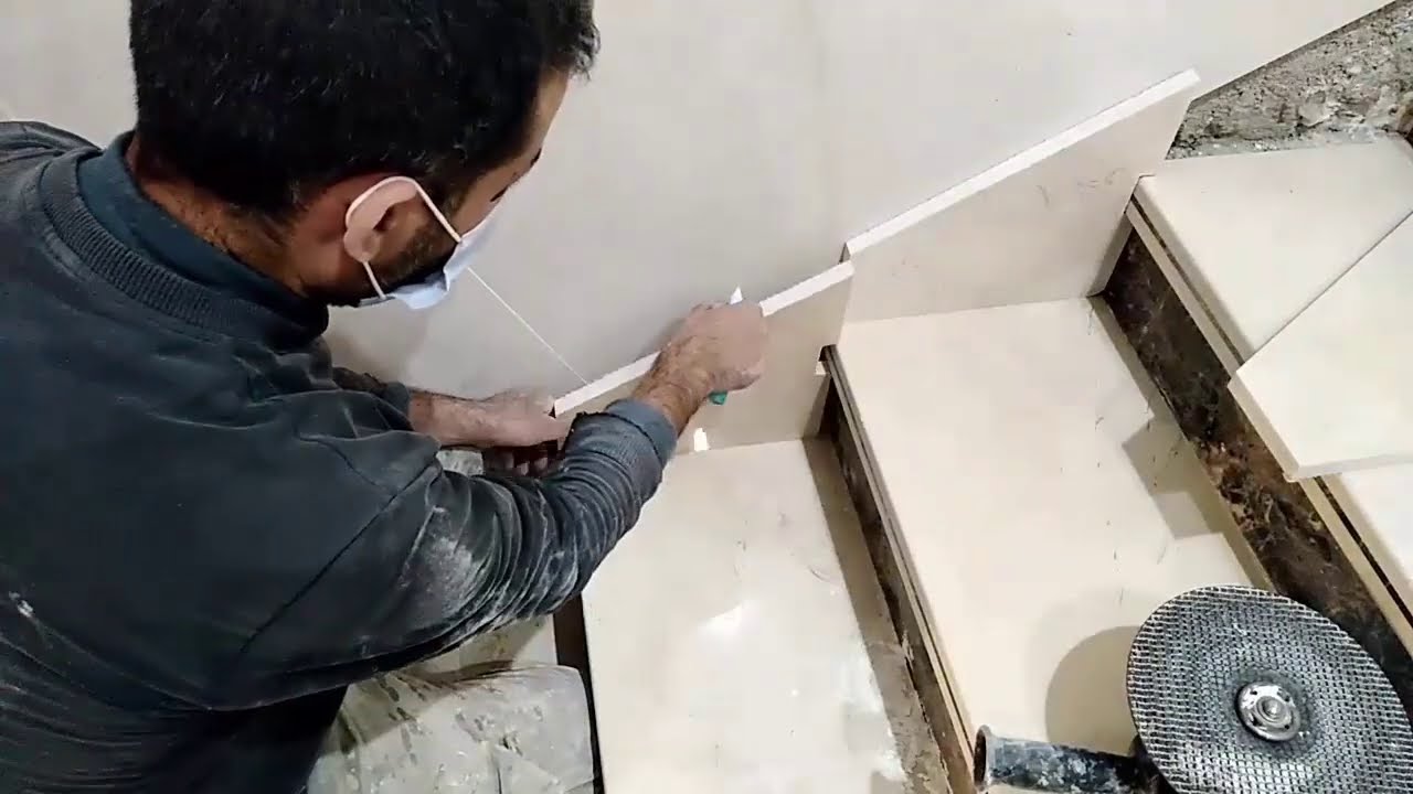 كيفية تركيب بلينتا  الرخام لسلاليم الدرج /كيفية تركيب رخام الدرج / دمج اللون لكريم من المارون الجزء3