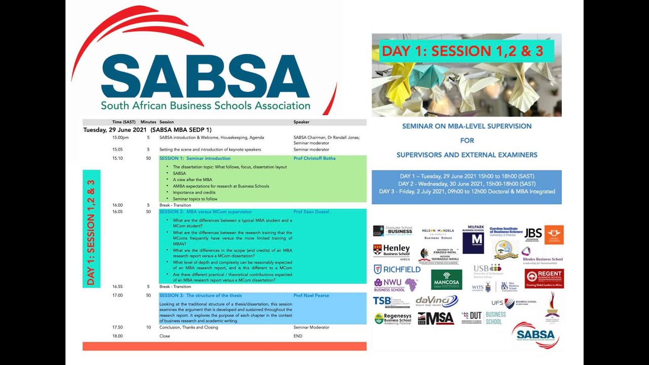 Day 1: SABSA - MBA Supervisors & Examiners Development Programme 29June 2021 Sessions 1,2 & 3