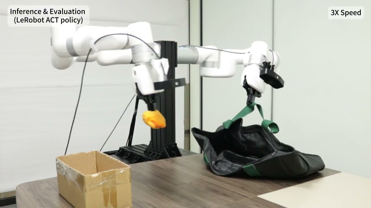 Dual xArm6 Imitation Learning with LeRobot ACT: 50 UMI Teleop Episodes, 200k training steps