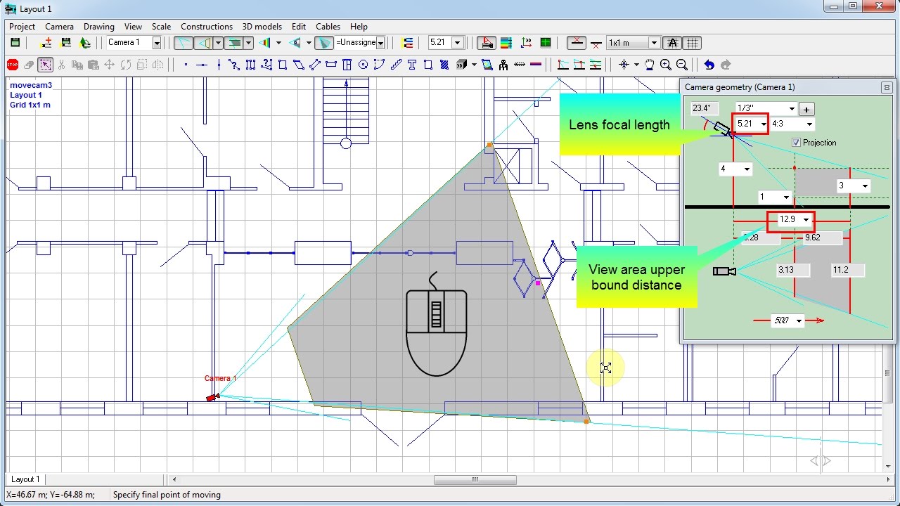 CCTV design with VideoCAD. Placing camera on the layout. Video tutorial. Lesson 10.