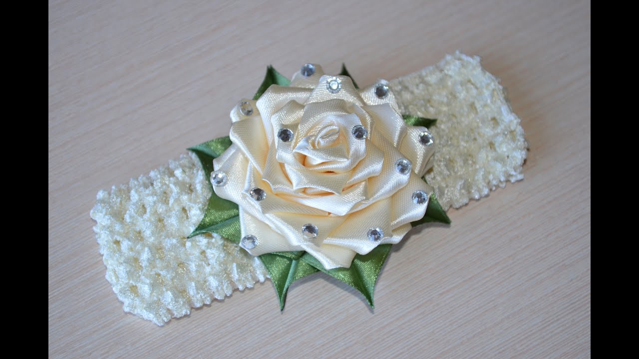 Роза из лент своими руками МК канзаши повязка на голову DIY rose flower Headband kanzashi 髪のヘッドバンド