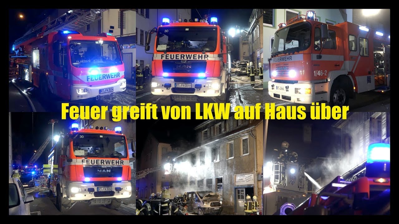 + LKW-BRAND GREIFT AUF GEBÄUDE ÜBER + Feuerwehr Reutlingen mit 2 Löschzügen im Einsatz - [E]