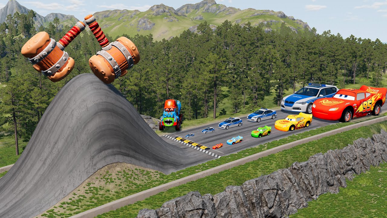 Big & Small McQueen & Police Car vs Zombie Mack, Giant Bulge & Hammer Downhill Race |BeamNG.drive