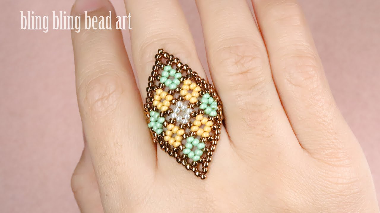آموزش انگشتر منجوقی با طرح لوزی ظریف و ساده Rhombus ring with seedbeads easy to make for beginners